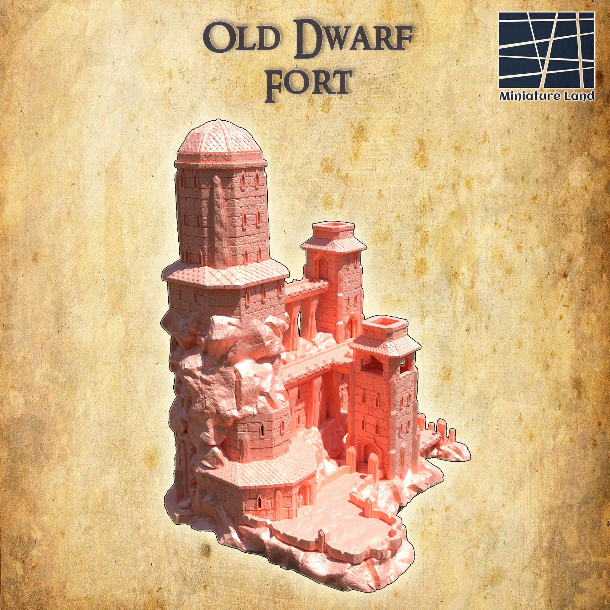 Old Dwarf Fort for tabletop wargaming, ancient dwarf fortress, DnD, Pathfinder, wargames, 3D printed PLA terrain, high-quality fort, realistic textures, strategic gameplay, RPG scenery.