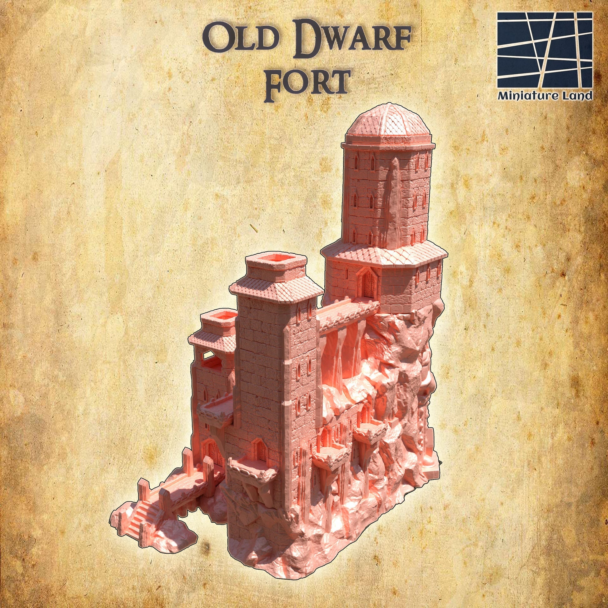 Old Dwarf Fort for tabletop wargaming, ancient dwarf fortress, DnD, Pathfinder, wargames, 3D printed PLA terrain, high-quality fort, realistic textures, strategic gameplay, RPG scenery.