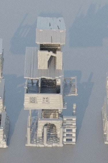 Collection of 3D-printed slum houses featuring detailed shanty structures with corrugated roofs, wooden planks, and debris. Realistic urban decay textures perfect for enhancing tabletop RPGs like DnD and Pathfinder