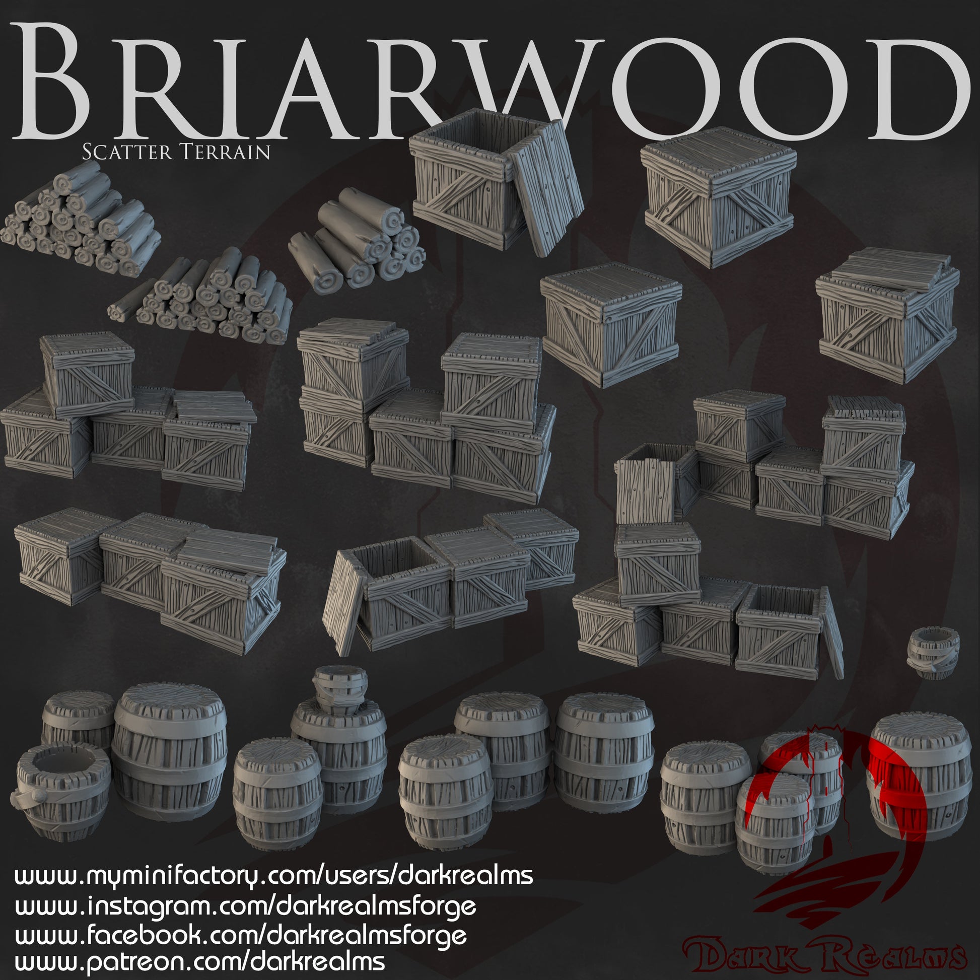 scatter terrain pack includes a variety of crates, barrels, and other miscellaneous objects, perfect for adding realistic details to your medieval or fantasy tabletop games. intricately designed with textures that mimic real wood and metal.