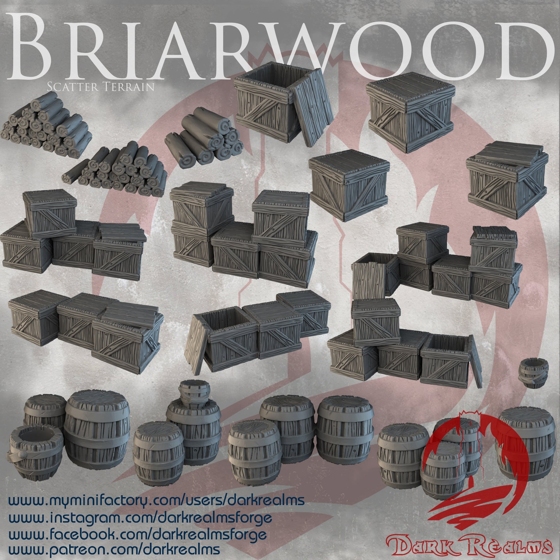 scatter terrain pack includes a variety of crates, barrels, and other miscellaneous objects, perfect for adding realistic details to your medieval or fantasy tabletop games. intricately designed with textures that mimic real wood and metal.