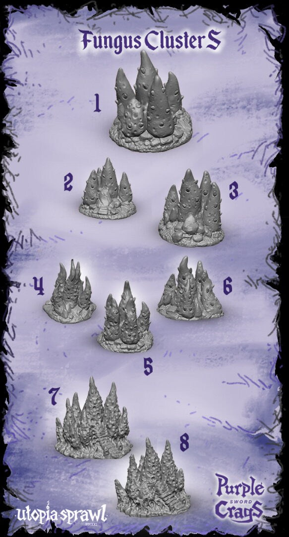 Highly detailed 3D-printed fungal clusters for tabletop RPGs like DnD and Pathfinder. Features include realistic textures of mushrooms, spores, and infected growths, perfect for mystical forests and infected zones.