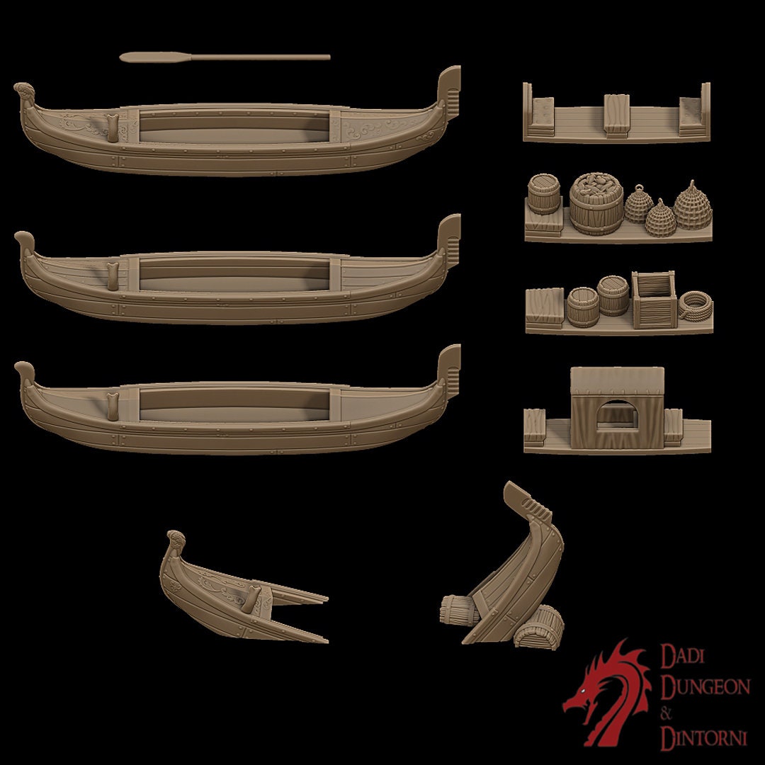 dnd terrain, Dungeons and Dragons, Dungeon Master, Bundle, board game, warhammer 40k, star wars, dnd dice, birthday gift, miniatures, role playing games, cyberpunk, Water Terrain, PLA, 3D Print, 28mm, Set, Tabletop, Box Set, Boat, Gondola, Venice