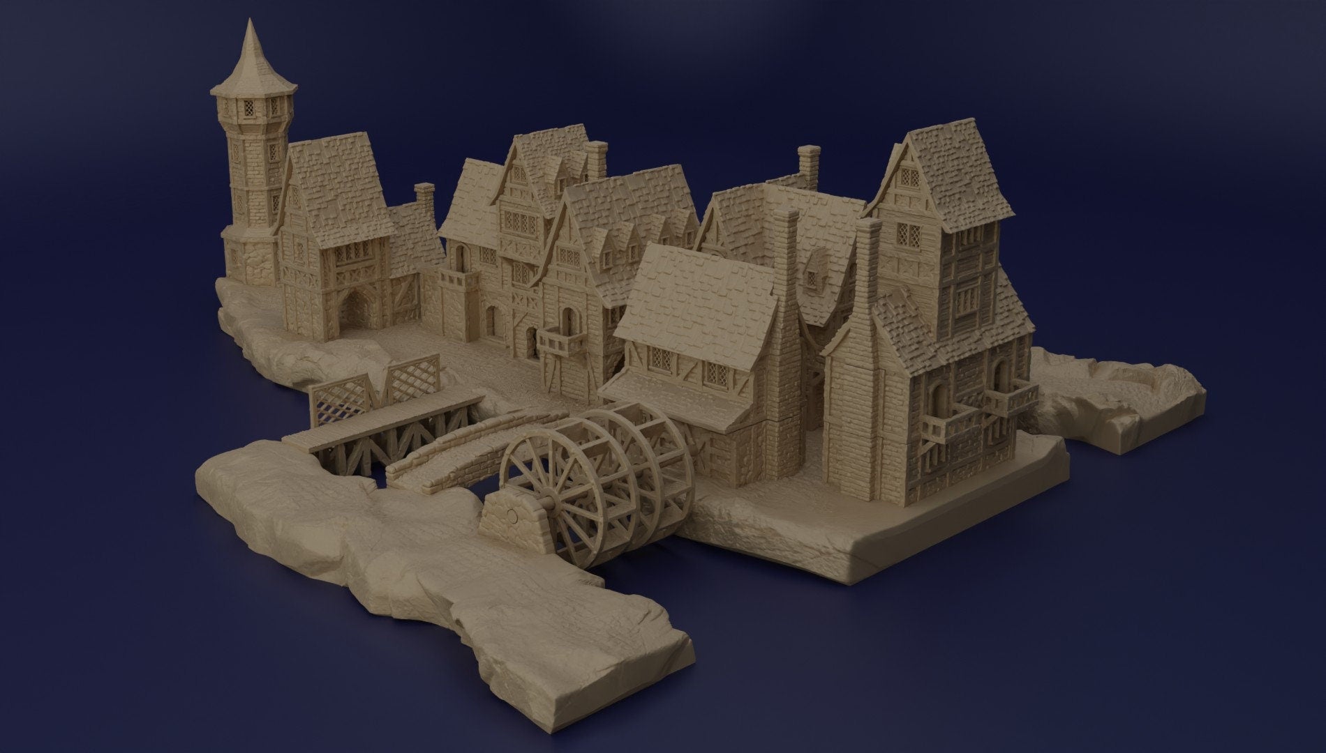 Detailed 28mm medieval river village set for tabletop RPGs, featuring buildings and riverfront terrain with intricate designs. Perfect for creating immersive village scenes in games like D&D and Pathfinder.