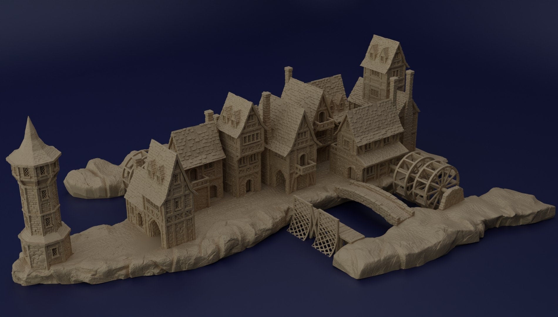 Detailed 28mm medieval river village set for tabletop RPGs, featuring buildings and riverfront terrain with intricate designs. Perfect for creating immersive village scenes in games like D&D and Pathfinder.