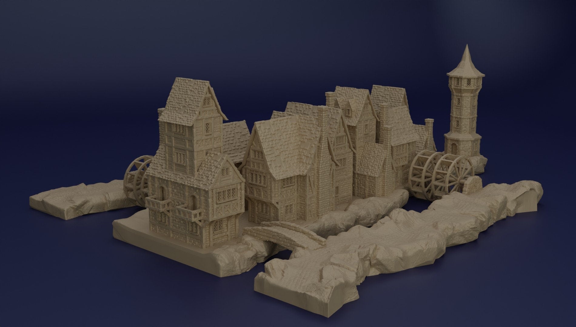 Detailed 28mm medieval river village set for tabletop RPGs, featuring buildings and riverfront terrain with intricate designs. Perfect for creating immersive village scenes in games like D&D and Pathfinder.