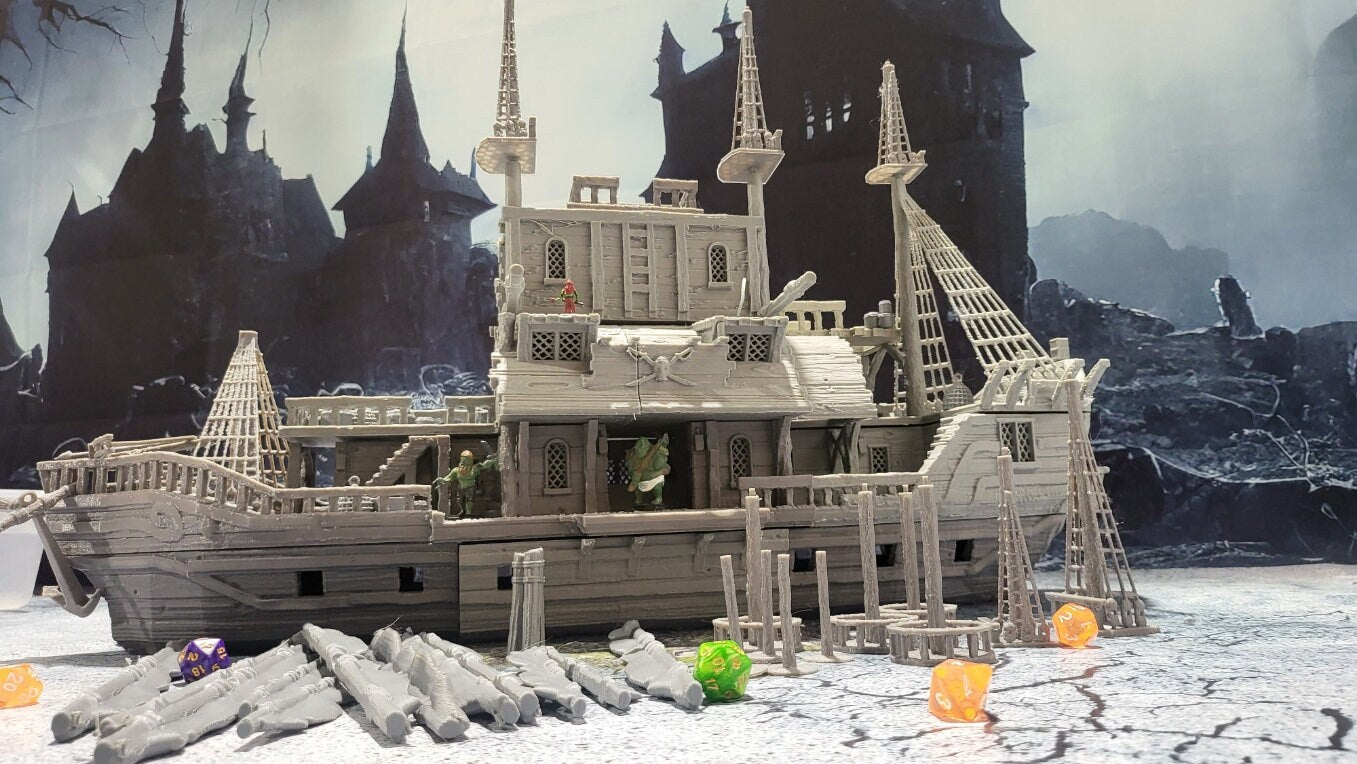 tavern, pirate ship, pirate, ship, party ship, party boat, pirate adventure, ship tavern, pirate tavern, dungeons and dragons, sea, floating tavern, harbor tavern Ruins, Ruin terrain, War Terrain, Tower, Tower Ruins, Arkenfel