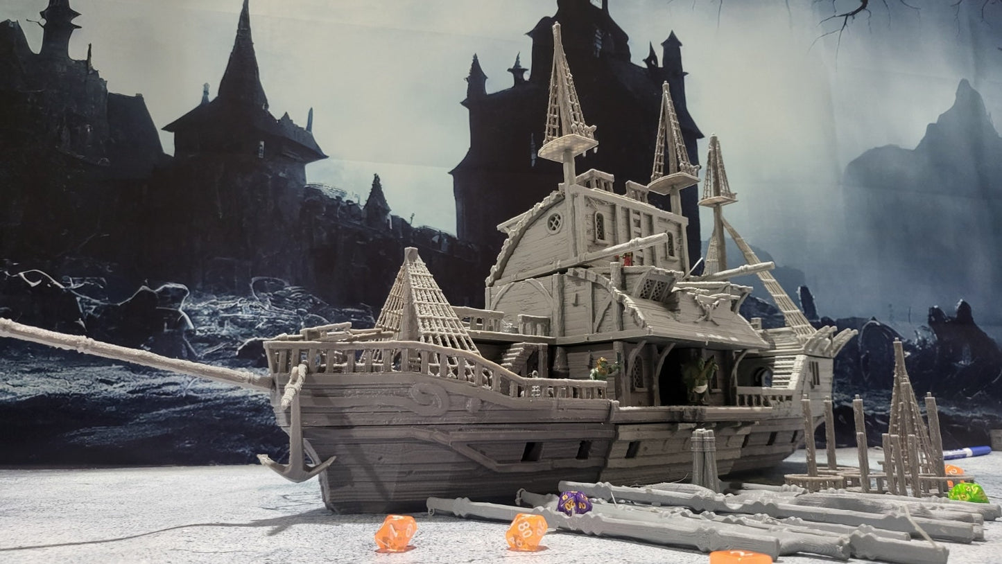 tavern, pirate ship, pirate, ship, party ship, party boat, pirate adventure, ship tavern, pirate tavern, dungeons and dragons, sea, floating tavern, harbor tavern Ruins, Ruin terrain, War Terrain, Tower, Tower Ruins, Arkenfel
