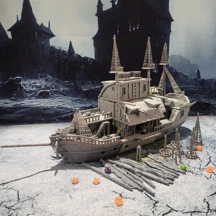 tavern, pirate ship, pirate, ship, party ship, party boat, pirate adventure, ship tavern, pirate tavern, dungeons and dragons, sea, floating tavern, harbor tavern Ruins, Ruin terrain, War Terrain, Tower, Tower Ruins, Arkenfel