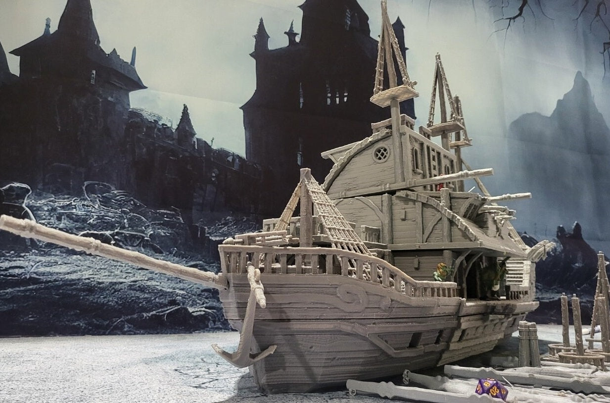 tavern, pirate ship, pirate, ship, party ship, party boat, pirate adventure, ship tavern, pirate tavern, dungeons and dragons, sea, floating tavern, harbor tavern Ruins, Ruin terrain, War Terrain, Tower, Tower Ruins, Arkenfel