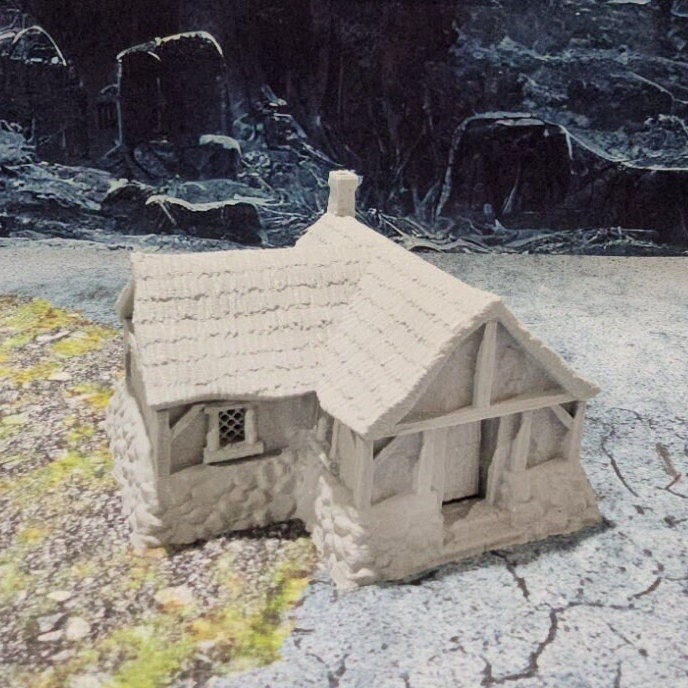Detailed 28mm simple village set for tabletop RPGs, featuring various farm buildings and rustic structures with intricate designs. Perfect for creating immersive rural village scenes in games like D&D and Pathfinder.