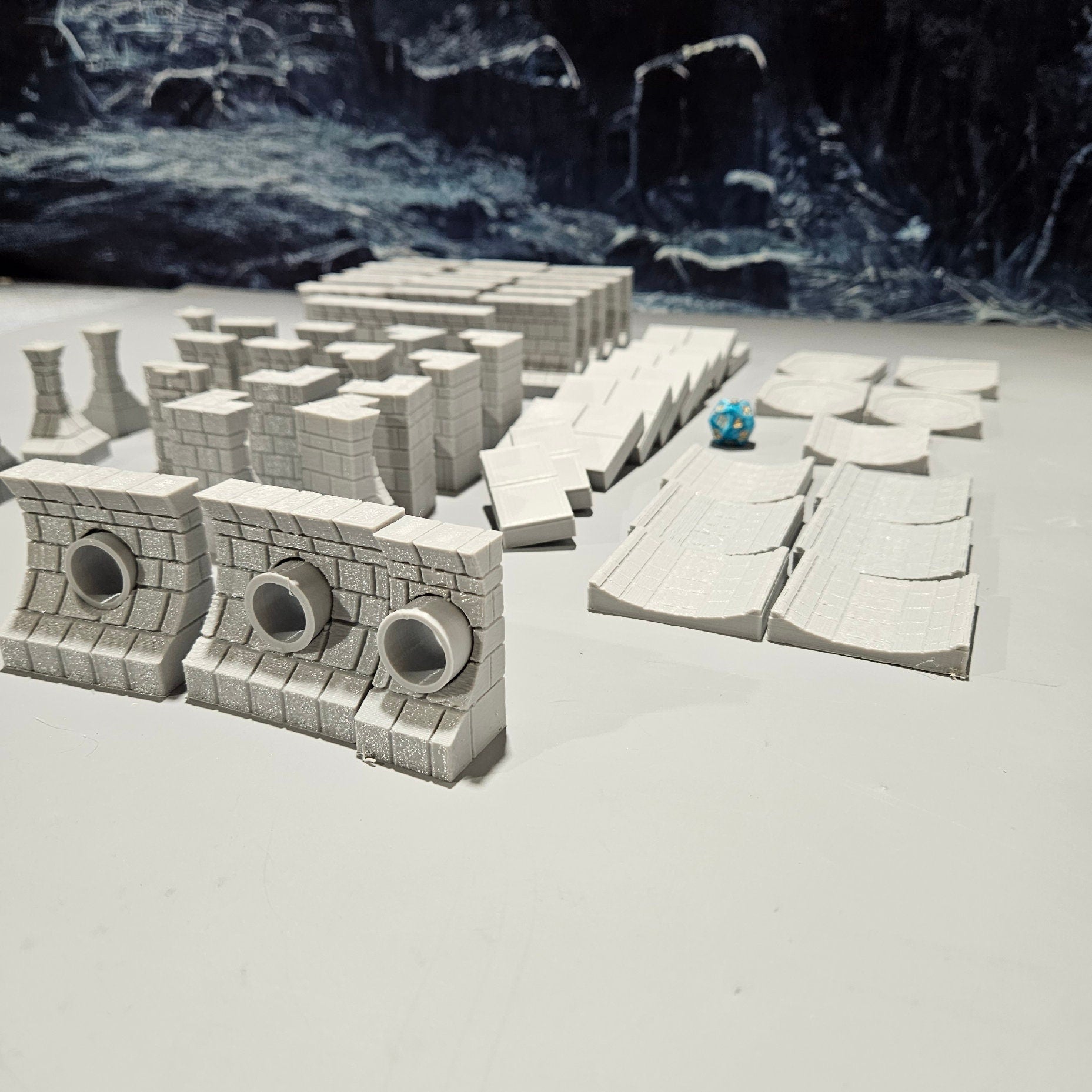 City sewer system pieces: end pipe floors, straight pipe floors, T pipes, corner pipes, floor tiles, wall tiles, outside and inside wall corners, ladders, and pipe entries. Realistic stone and brick textures with detailed pipe and wall designs.