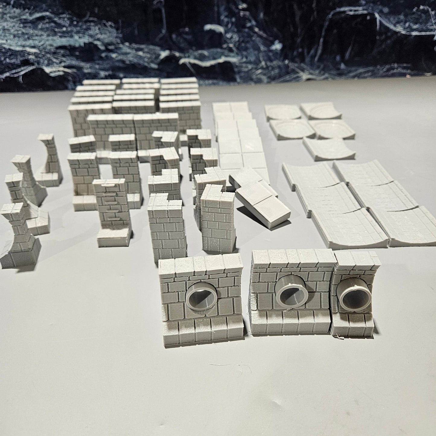City sewer system pieces: end pipe floors, straight pipe floors, T pipes, corner pipes, floor tiles, wall tiles, outside and inside wall corners, ladders, and pipe entries. Realistic stone and brick textures with detailed pipe and wall designs.