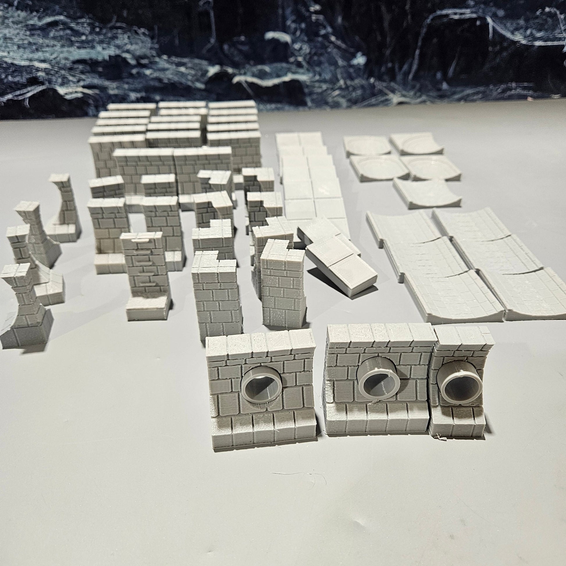 City sewer system pieces: end pipe floors, straight pipe floors, T pipes, corner pipes, floor tiles, wall tiles, outside and inside wall corners, ladders, and pipe entries. Realistic stone and brick textures with detailed pipe and wall designs.