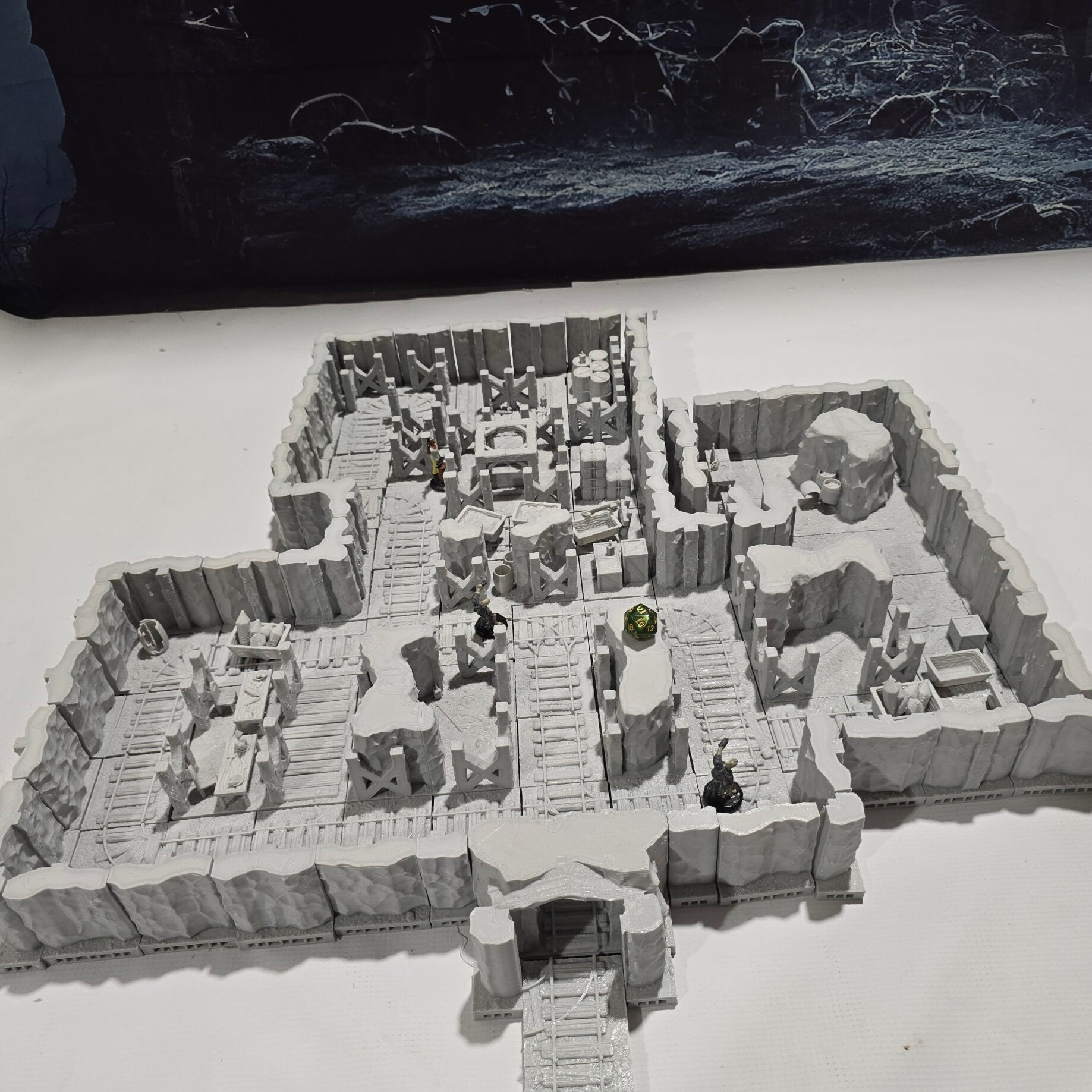 old desert mineshaft, designed for tabletop RPGs like DnD and Pathfinder. stone walls, wooden beams, mining equipment, rail tracks, and mine carts. The realistic textures and debris scattered around add depth and immersion to gaming scenarios.