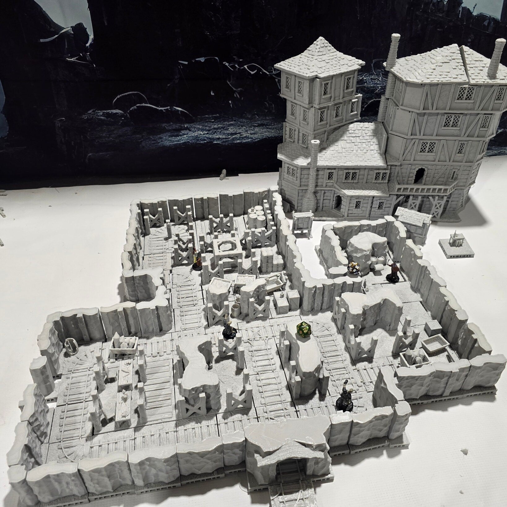 old desert mineshaft, designed for tabletop RPGs like DnD and Pathfinder. stone walls, wooden beams, mining equipment, rail tracks, and mine carts. The realistic textures and debris scattered around add depth and immersion to gaming scenarios.