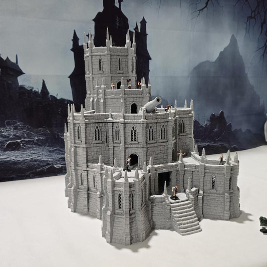 28mm Imperial Bastion for tabletop wargaming with detailed walls, towers, buildings, and basement level with cells and a torture chamber. Ideal for fortress sieges and defensive battles in Warhammer, D&D, Pathfinder, and historical-themed games.