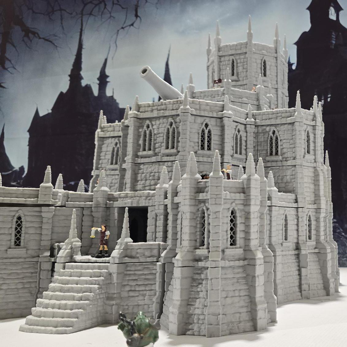 28mm Imperial Bastion for tabletop wargaming with detailed walls, towers, buildings, and basement level with cells and a torture chamber. Ideal for fortress sieges and defensive battles in Warhammer, D&D, Pathfinder, and historical-themed games.