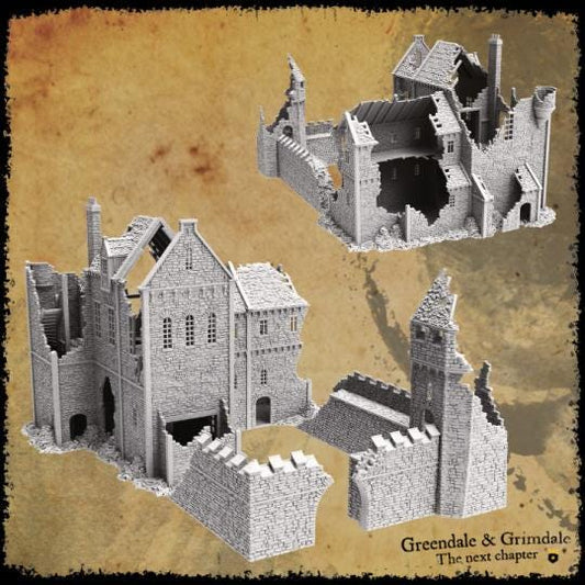 Grimdale Ruined Castle for tabletop wargaming, ruined castle, DnD, Pathfinder, Bolt Action, Revolutionary War games, 3D printed PLA terrain, high-quality ruins, realistic textures, strategic gameplay, RPG scenery, detailed architecture.