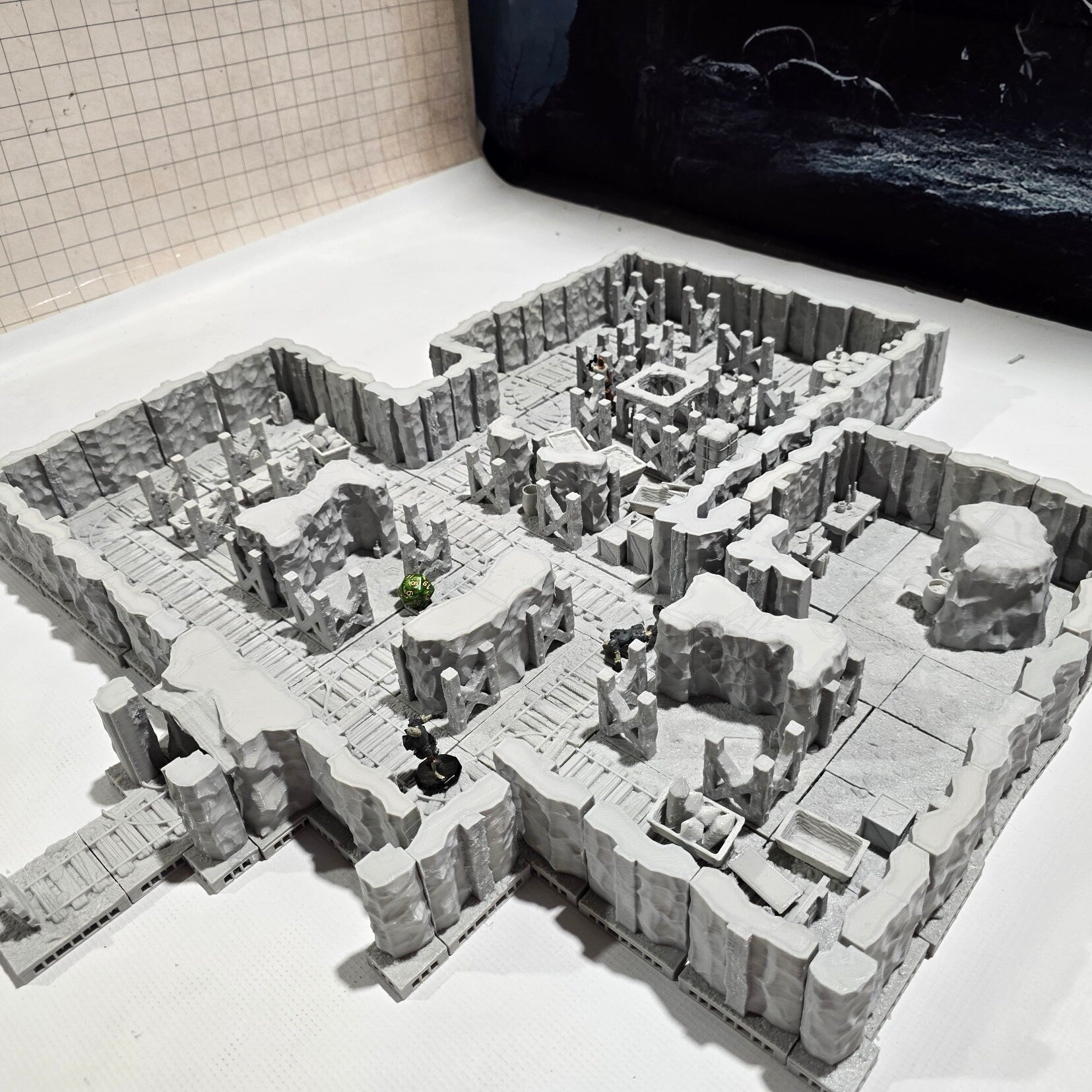 old desert mineshaft, designed for tabletop RPGs like DnD and Pathfinder. stone walls, wooden beams, mining equipment, rail tracks, and mine carts. The realistic textures and debris scattered around add depth and immersion to gaming scenarios.