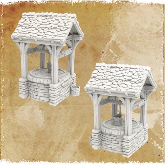 The water well model features a detailed stone base with a wooden roof and bucket, perfect for adding a touch of rustic charm to any tabletop setting. The intricate textures and realistic design make it an excellent accessory for historical games.