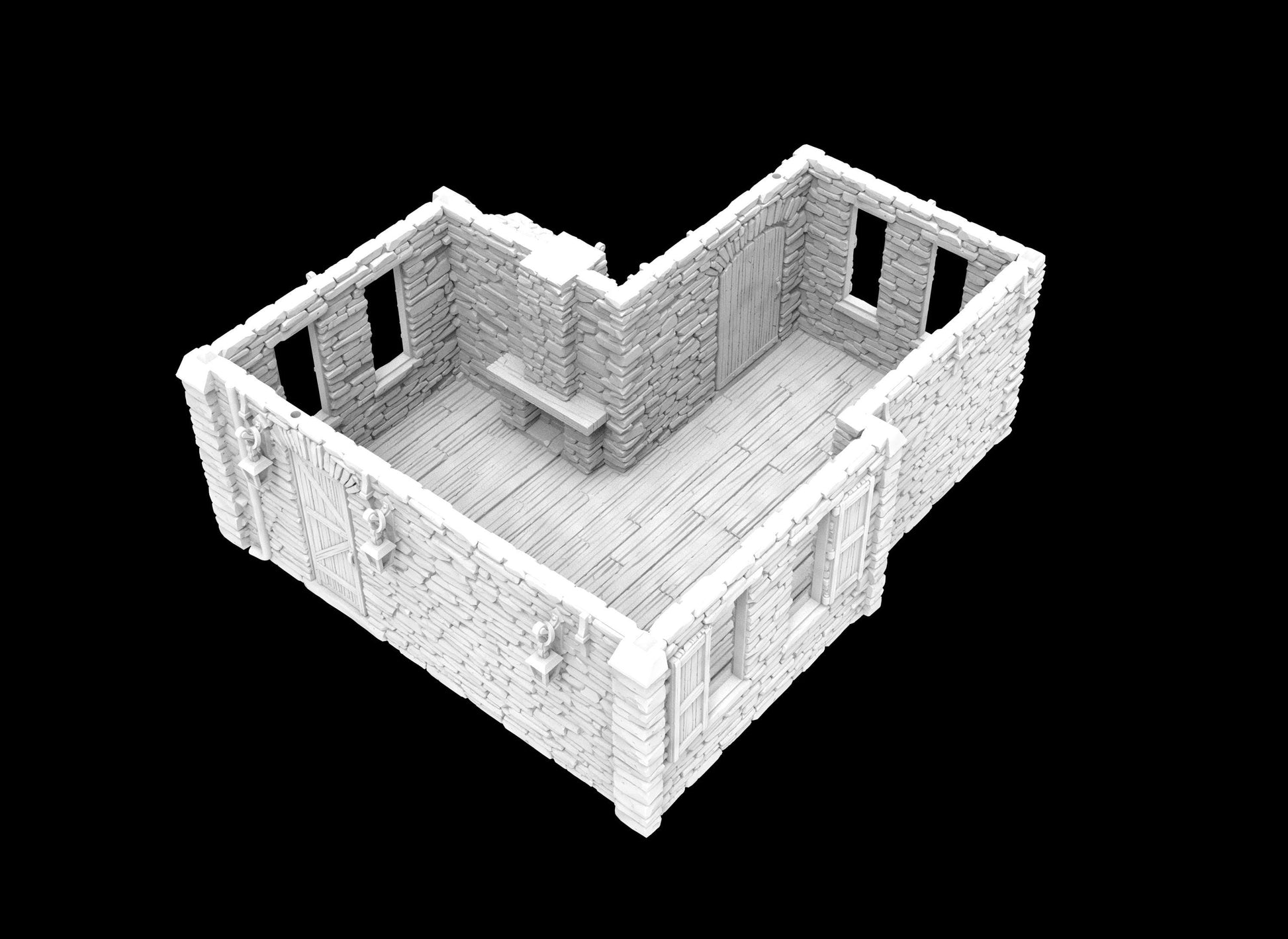 The miniature house features realistic textures and intricate architectural details, including window shutters, a wooden door, and a covered entryway.