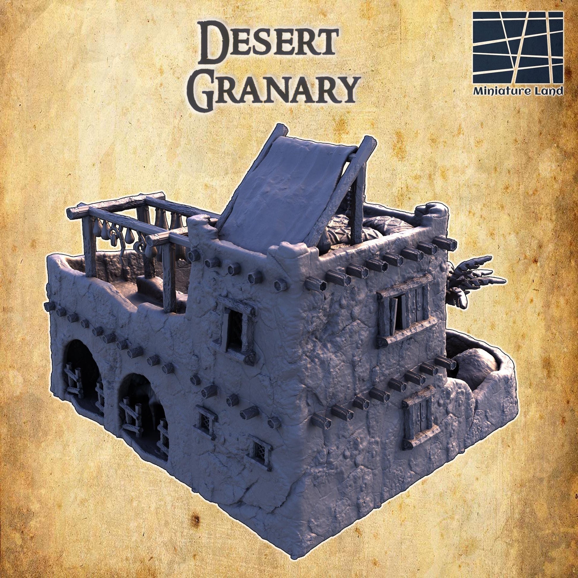 The Desert Granary model showcases a rustic adobe building with detailed urns for grain storage, a shaded drying rack, and an ancient desert ambiance, perfect for enhancing tabletop RPG and wargaming scenarios.