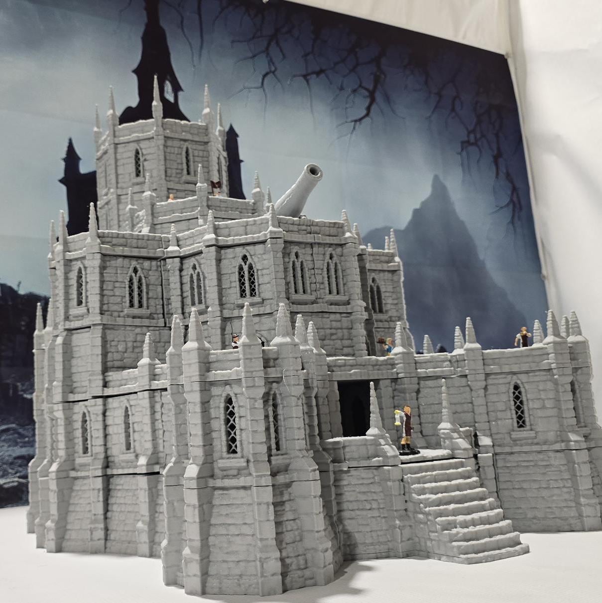 28mm Imperial Bastion for tabletop wargaming with detailed walls, towers, buildings, and basement level with cells and a torture chamber. Ideal for fortress sieges and defensive battles in Warhammer, D&D, Pathfinder, and historical-themed games.