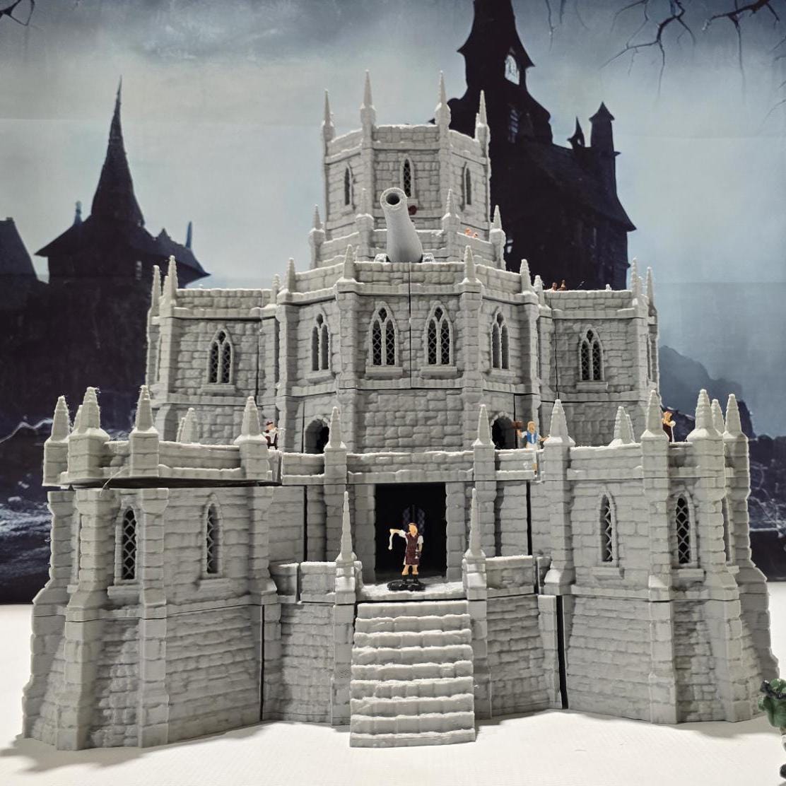 28mm Imperial Bastion for tabletop wargaming with detailed walls, towers, buildings, and basement level with cells and a torture chamber. Ideal for fortress sieges and defensive battles in Warhammer, D&D, Pathfinder, and historical-themed games.