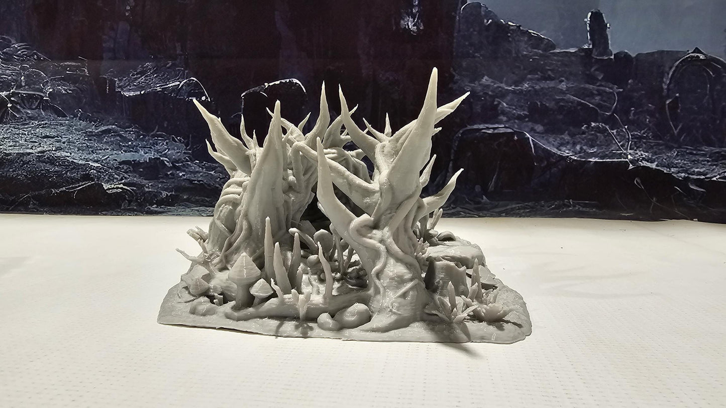 Forest Underground Entrance for tabletop wargaming featuring a hidden cavern entrance with detailed foliage and rock formations. Ideal for forest adventures and dungeon crawls in Warhammer, D&D, Pathfinder, and fantasy-themed games.
