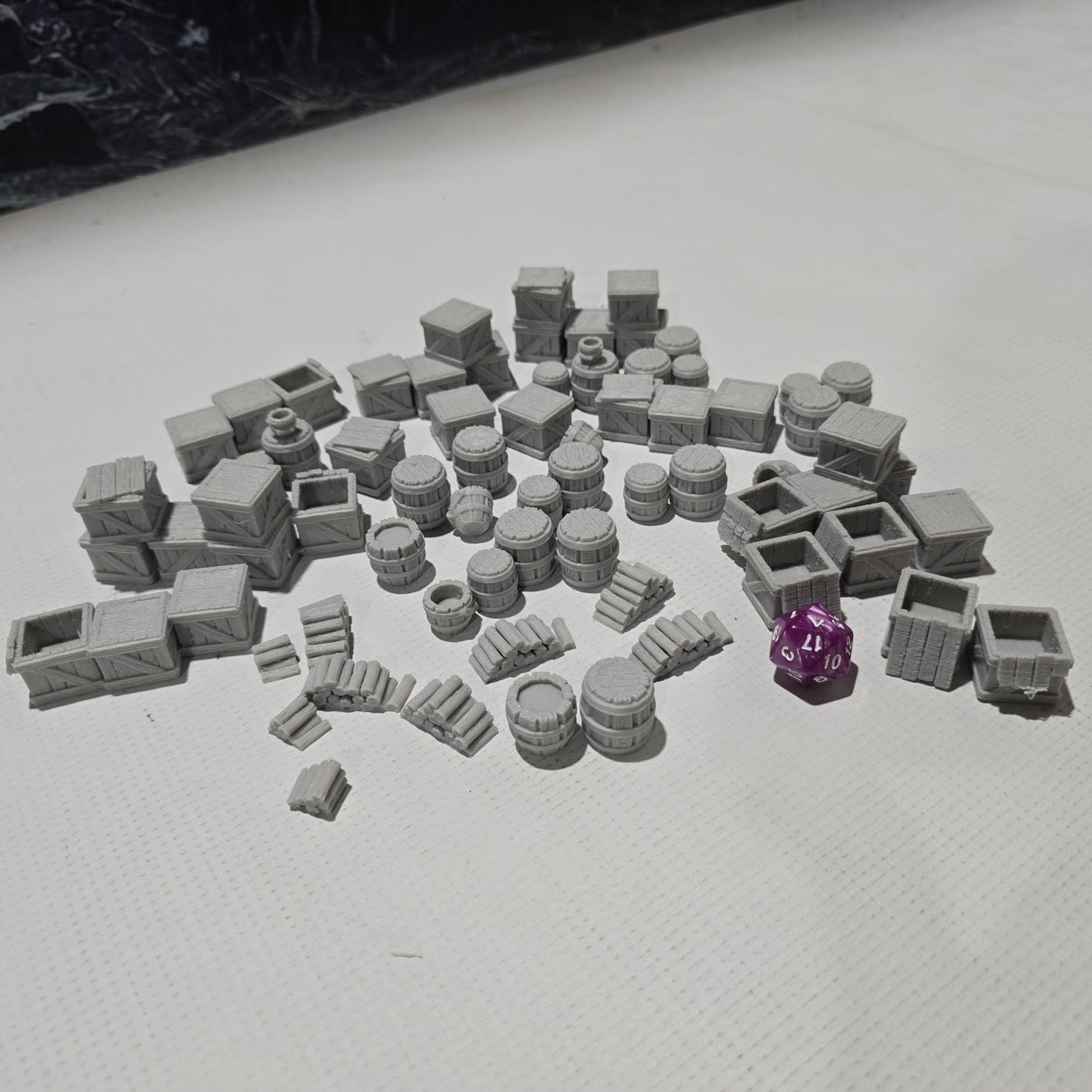 scatter terrain pack includes a variety of crates, barrels, and other miscellaneous objects, perfect for adding realistic details to your medieval or fantasy tabletop games. intricately designed with textures that mimic real wood and metal.