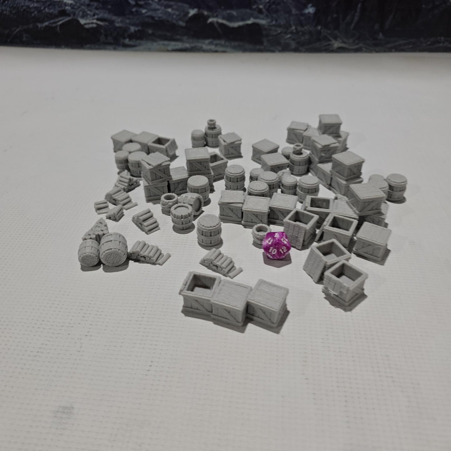 scatter terrain pack includes a variety of crates, barrels, and other miscellaneous objects, perfect for adding realistic details to your medieval or fantasy tabletop games. intricately designed with textures that mimic real wood and metal.