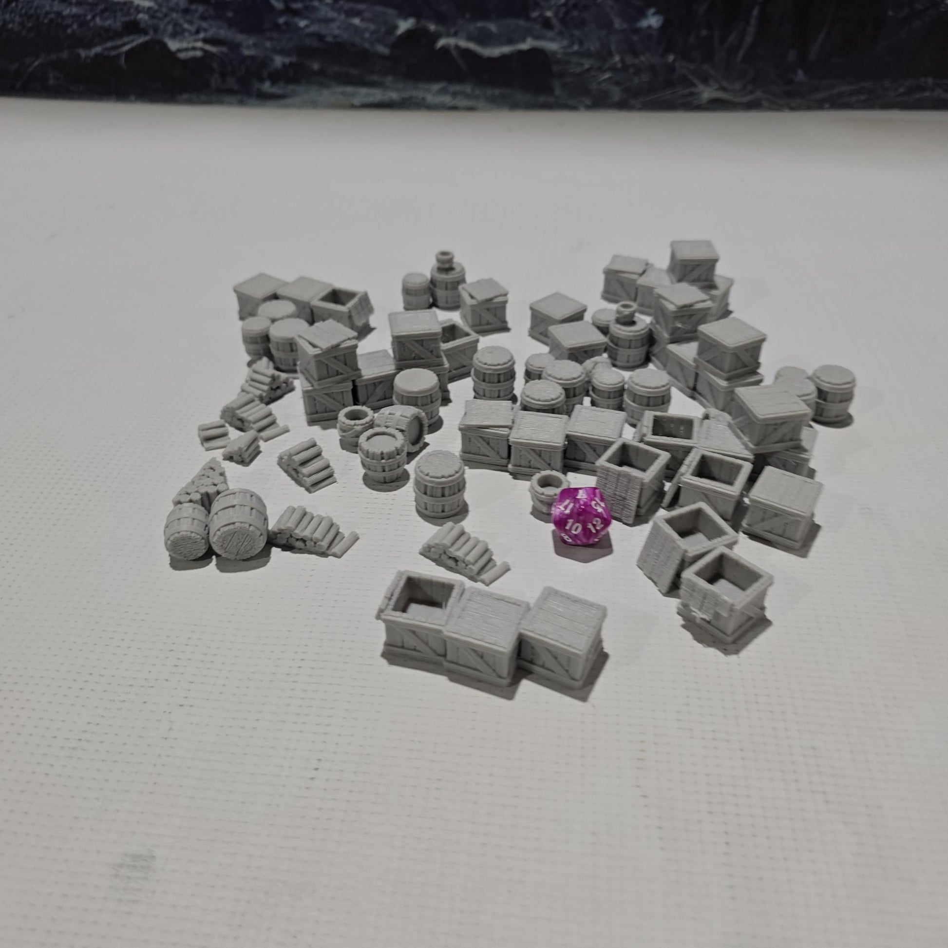 scatter terrain pack includes a variety of crates, barrels, and other miscellaneous objects, perfect for adding realistic details to your medieval or fantasy tabletop games. intricately designed with textures that mimic real wood and metal.