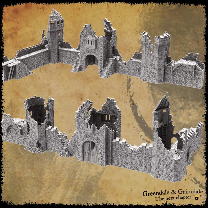 rimdale Town Wall Ruins for tabletop wargaming, ruined town walls, DnD, Pathfinder, Bolt Action, Revolutionary War games, 3D printed PLA terrain, high-quality ruins, realistic textures, strategic gameplay, RPG scenery.