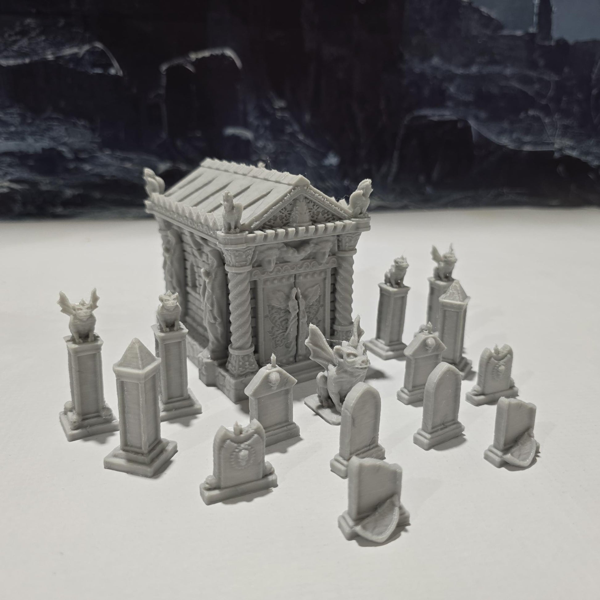 Detailed 15-piece cemetery set for tabletop RPGs, featuring a mausoleum and various gravestones. Perfect for creating eerie graveyard scenes in games like D&D, Pathfinder, and Warhammer.