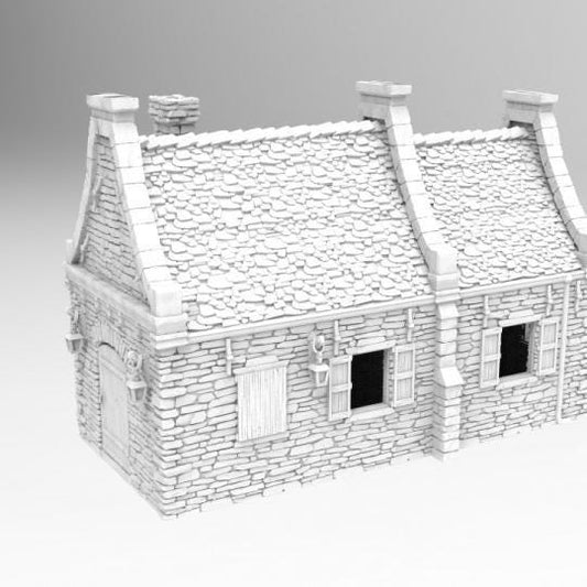 Walter's Residence is a colonial-era stone house featuring a detailed stone exterior, twin gables, and a rustic ambiance. The interior includes two spacious rooms with a fireplace and wooden floors. Ideal for tabletop RPGs and wargaming.