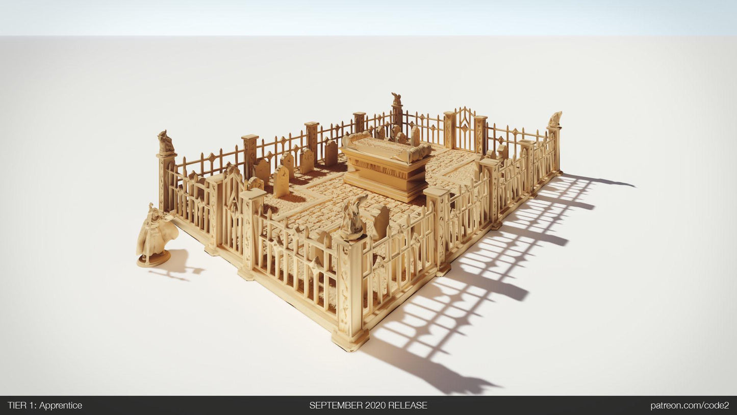 A detailed Gothic-style graveyard set, featuring wrought iron fences, tombstones, and a central mausoleum, perfect for adding a dark and eerie atmosphere to your tabletop games