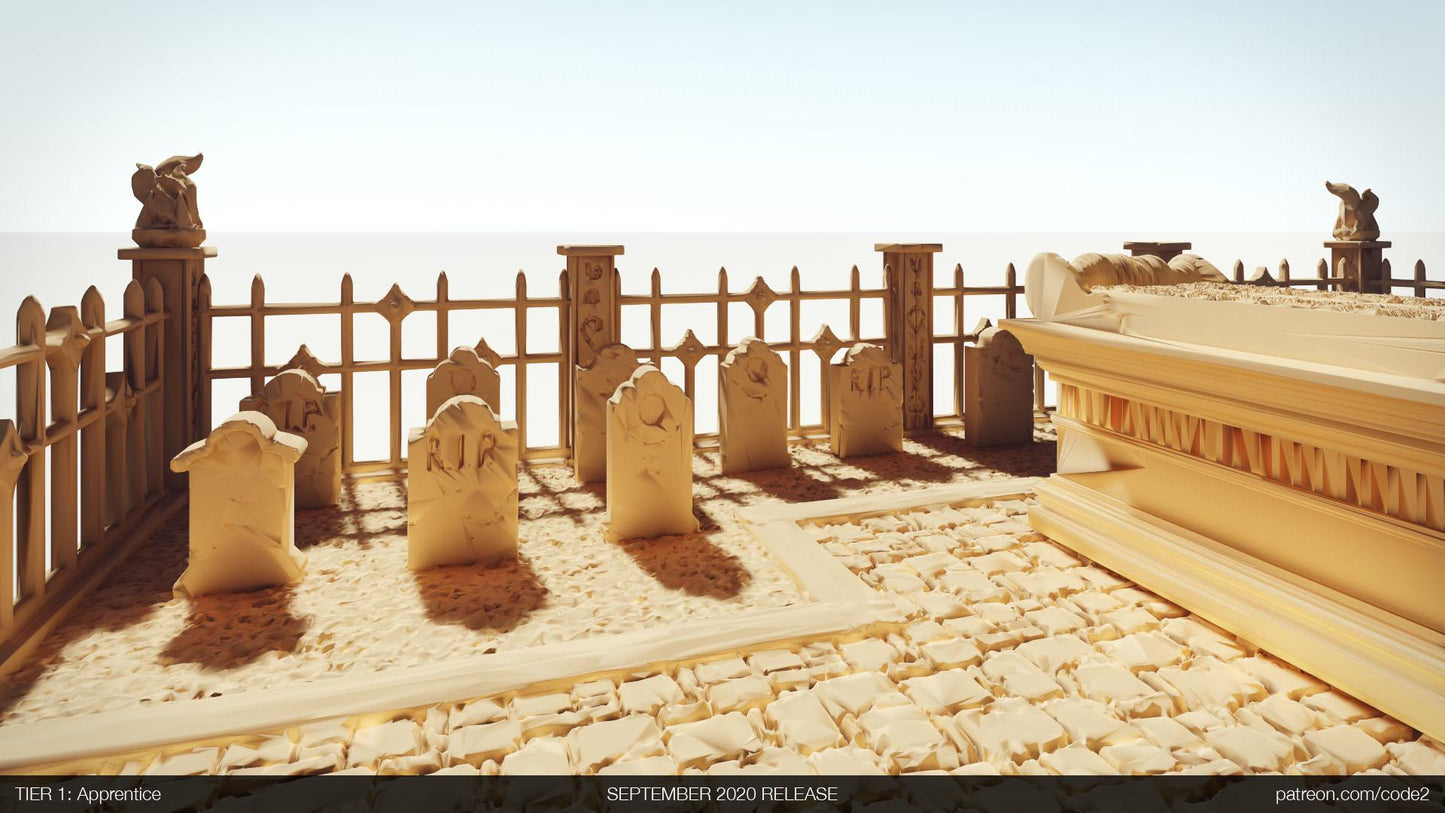 A detailed Gothic-style graveyard set, featuring wrought iron fences, tombstones, and a central mausoleum, perfect for adding a dark and eerie atmosphere to your tabletop games