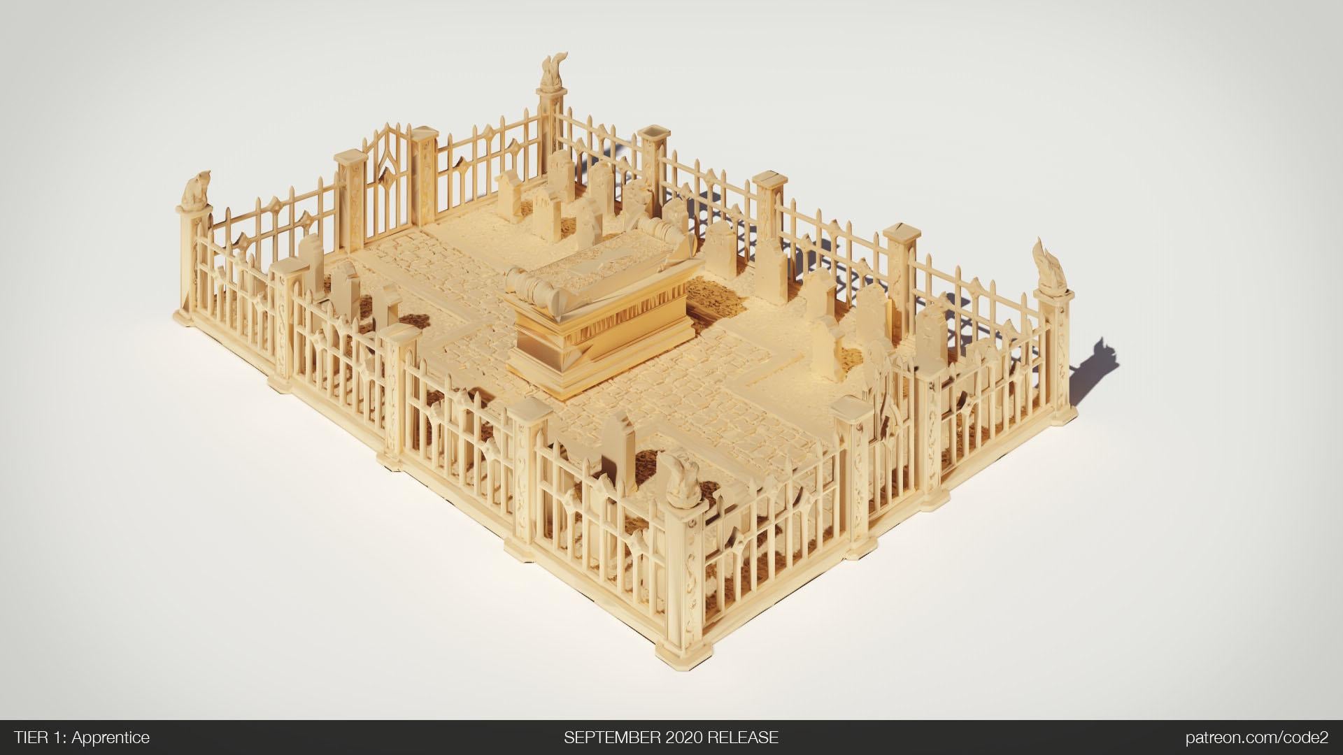 A detailed Gothic-style graveyard set, featuring wrought iron fences, tombstones, and a central mausoleum, perfect for adding a dark and eerie atmosphere to your tabletop games