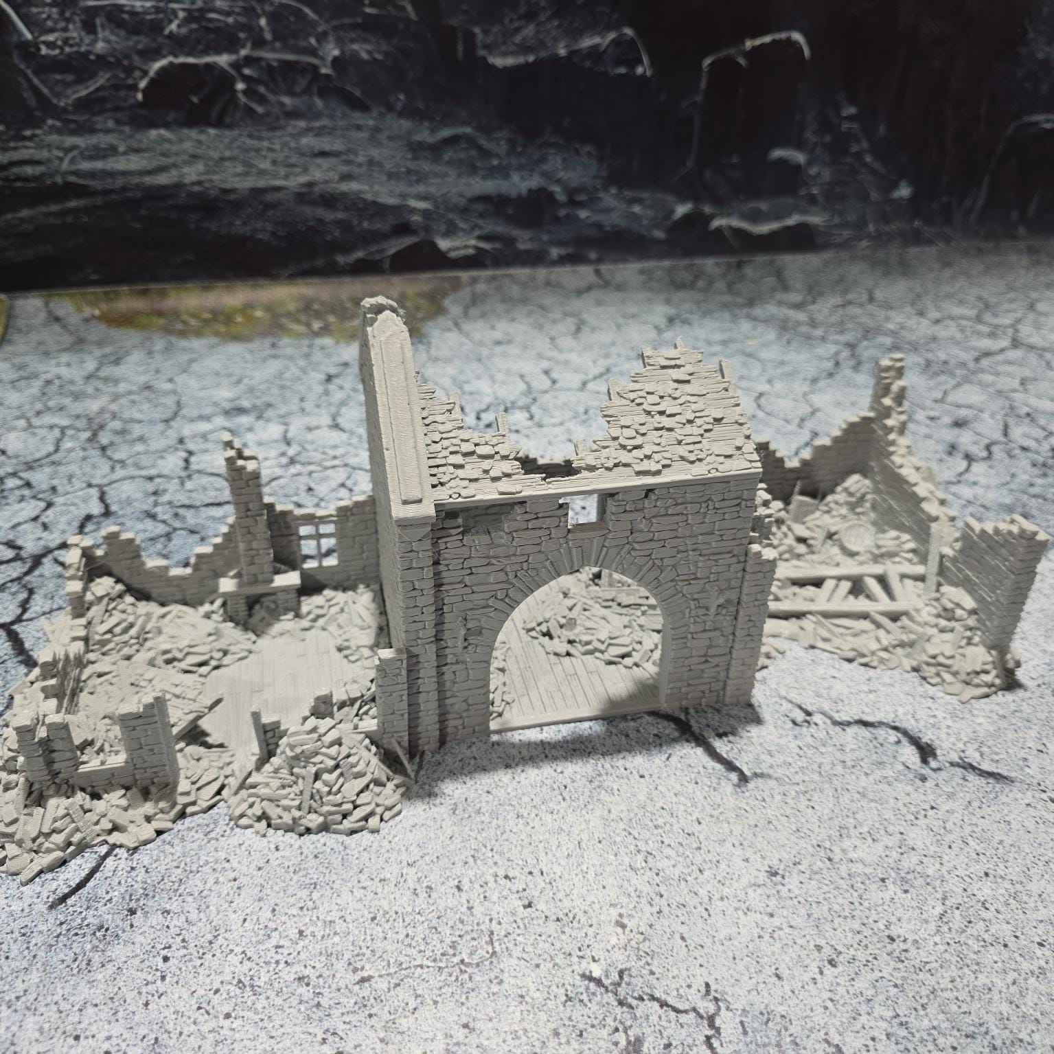 Grimdale Ruined Farmhouse for tabletop wargaming, ruined farmhouse, DnD, Pathfinder, Bolt Action, Revolutionary War games, 3D printed PLA terrain, high-quality ruins, realistic textures, strategic gameplay, RPG scenery, detailed architecture.