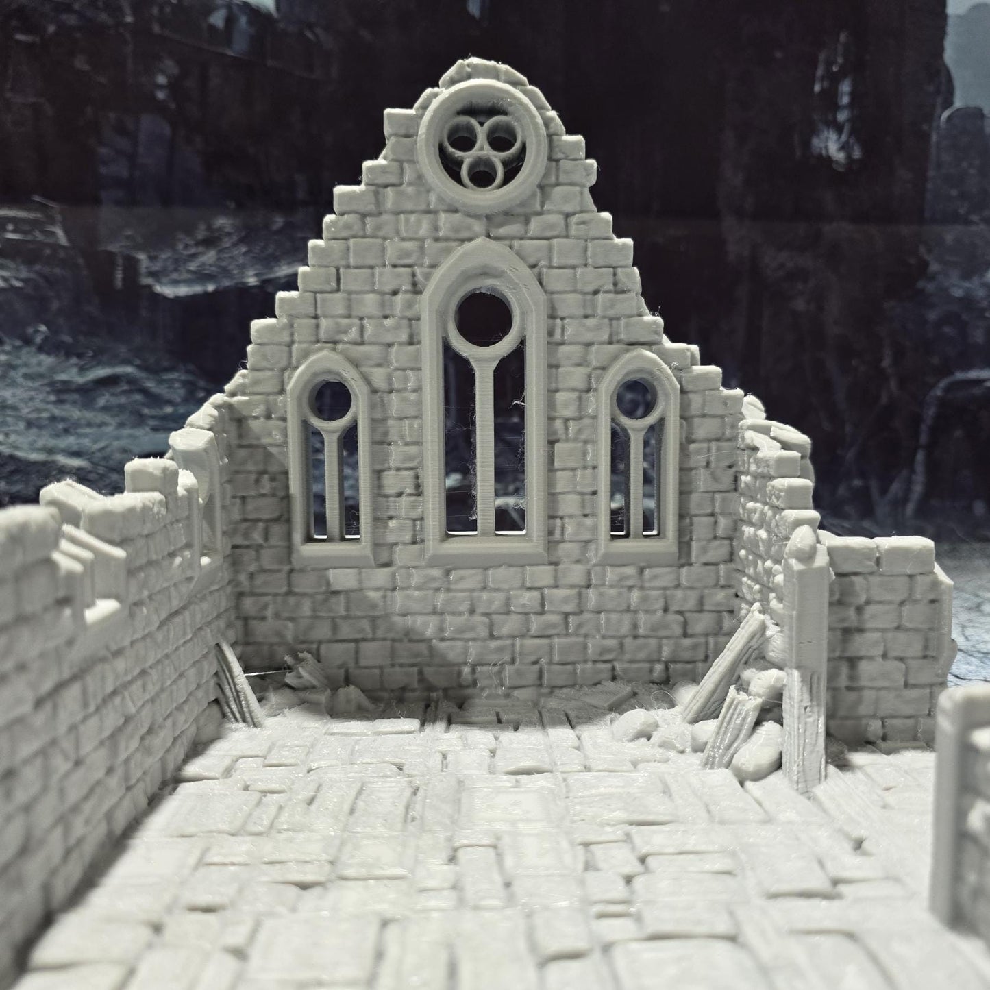 Medieval "Kasenport Church Ruin" model for tabletop gaming; features Gothic architecture with intricate details like cracked walls and stained glass remnants.