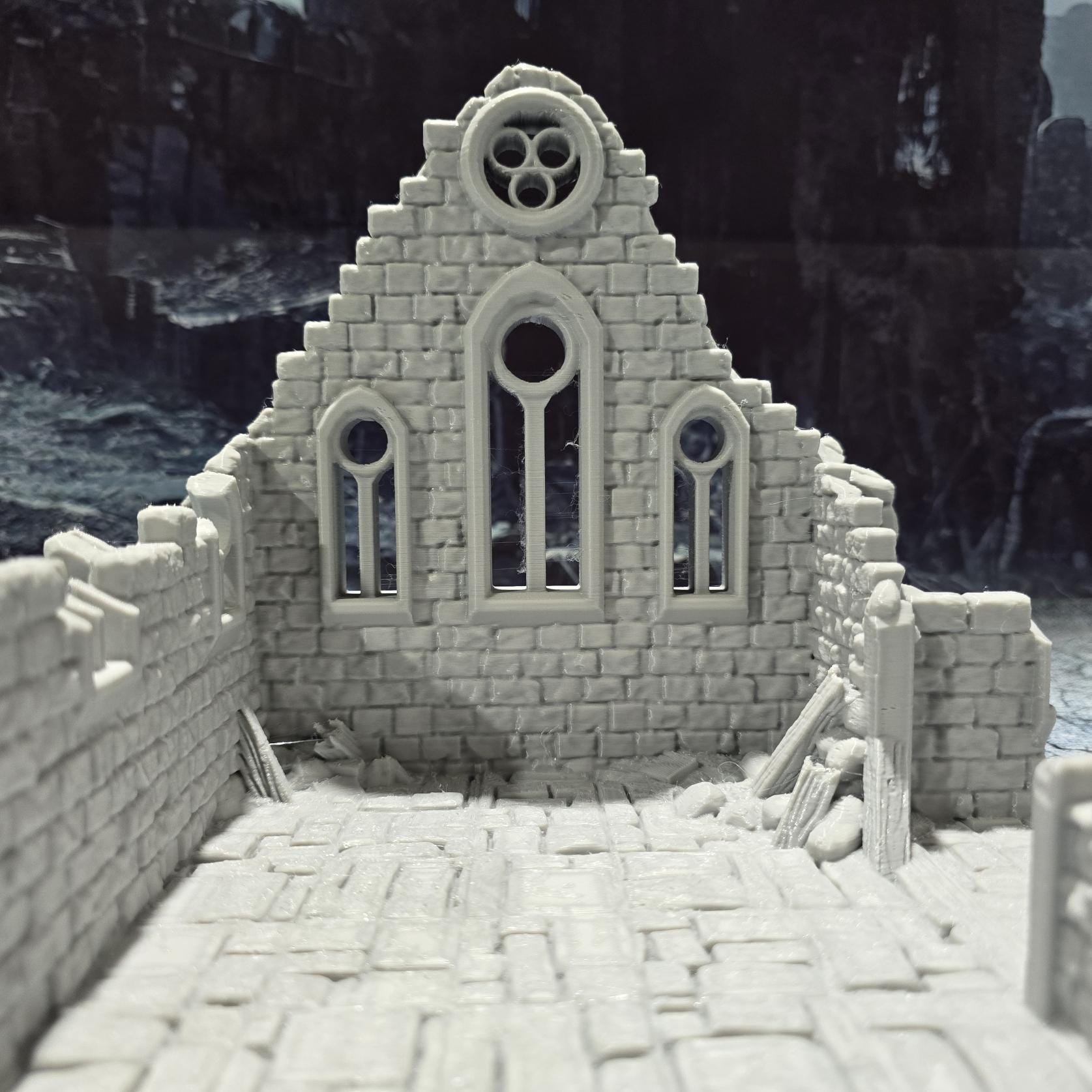Medieval "Kasenport Church Ruin" model for tabletop gaming; features Gothic architecture with intricate details like cracked walls and stained glass remnants.