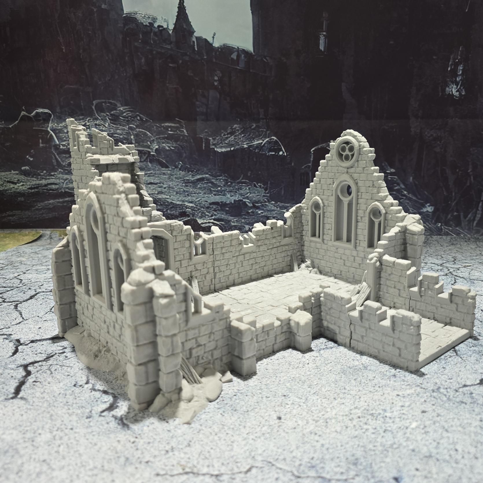 Medieval &quot;Kasenport Church Ruin&quot; model for tabletop gaming; features Gothic architecture with intricate details like cracked walls and stained glass remnants.