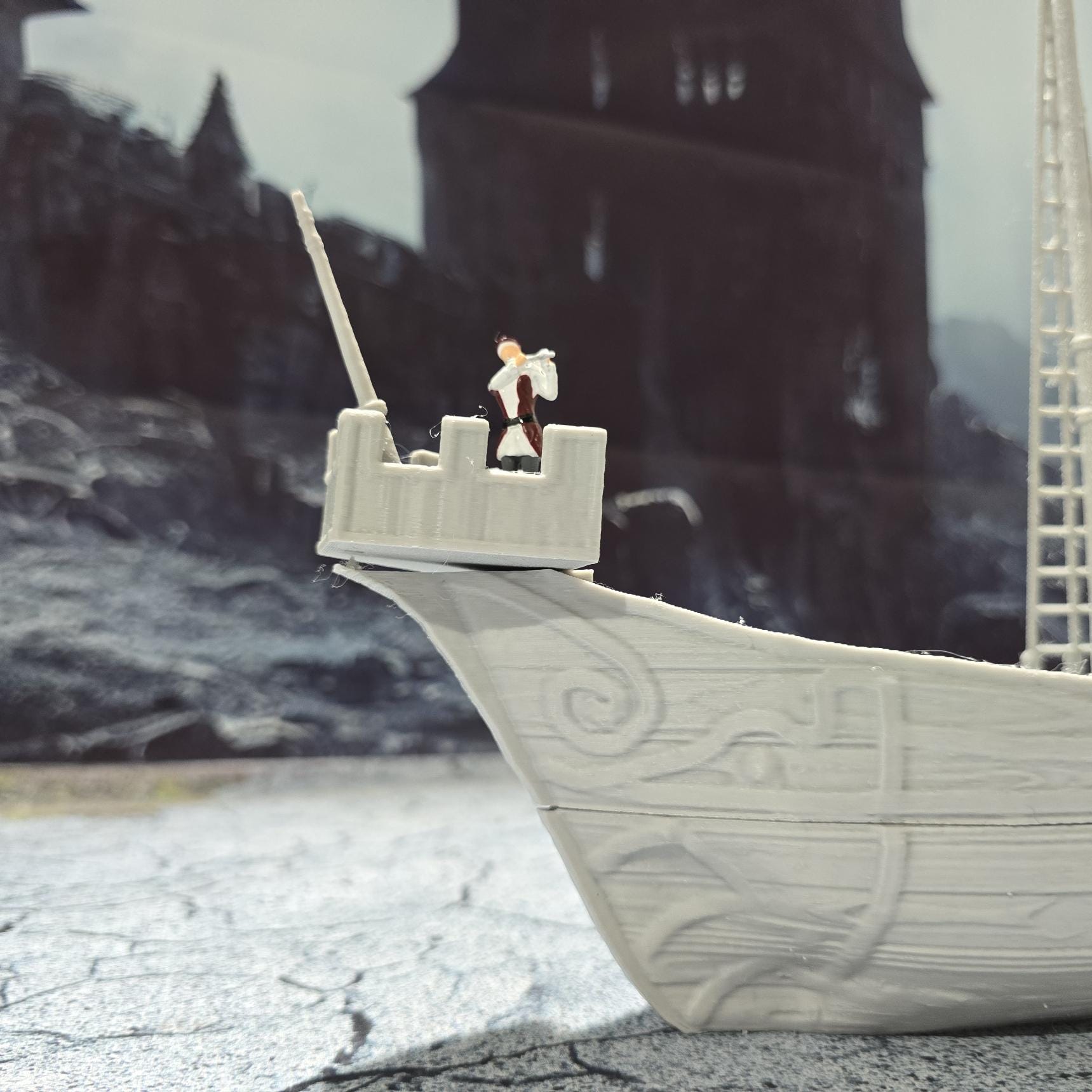Detailed 3D printed model of a medieval cog ship with a mast, sail, and realistic deck features, perfect for tabletop gaming scenarios.