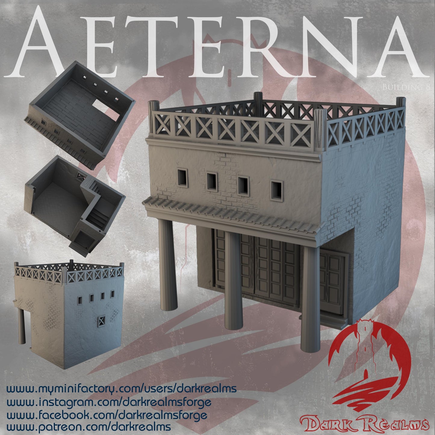 Explore the Aeterna Building 8, a Roman-era elevated residence with two accessible floors, detailed architecture, and realistic textures, perfect for enhancing your tabletop RPG and wargame settings.