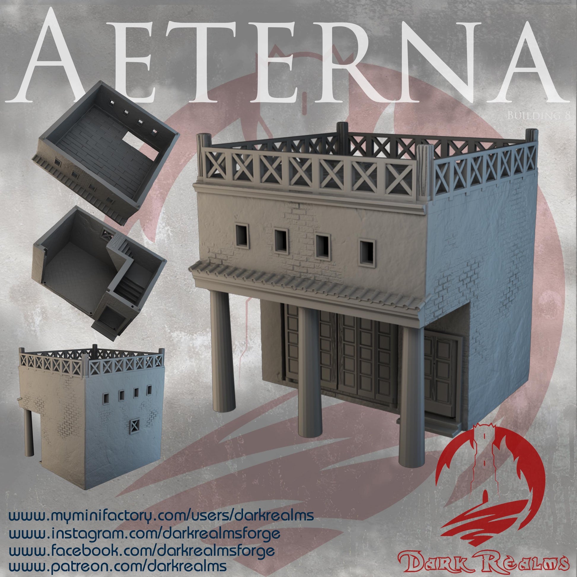 Explore the Aeterna Building 8, a Roman-era elevated residence with two accessible floors, detailed architecture, and realistic textures, perfect for enhancing your tabletop RPG and wargame settings.