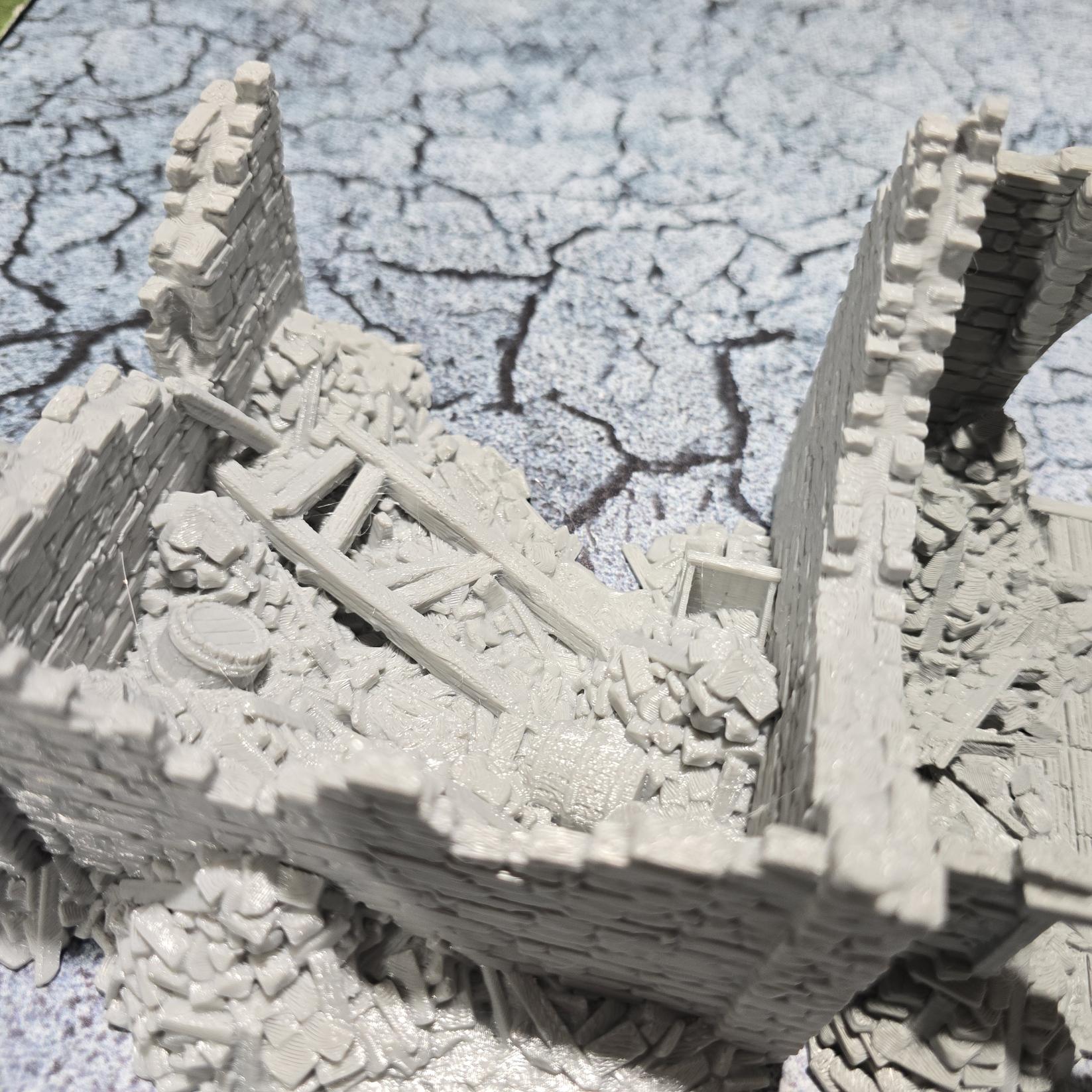 Grimdale Ruined Farmhouse for tabletop wargaming, ruined farmhouse, DnD, Pathfinder, Bolt Action, Revolutionary War games, 3D printed PLA terrain, high-quality ruins, realistic textures, strategic gameplay, RPG scenery, detailed architecture.