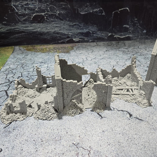 Grimdale Ruined Farmhouse for tabletop wargaming, ruined farmhouse, DnD, Pathfinder, Bolt Action, Revolutionary War games, 3D printed PLA terrain, high-quality ruins, realistic textures, strategic gameplay, RPG scenery, detailed architecture.