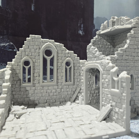 Medieval &quot;Kasenport Church Ruin&quot; model for tabletop gaming; features Gothic architecture with intricate details like cracked walls and stained glass remnants.