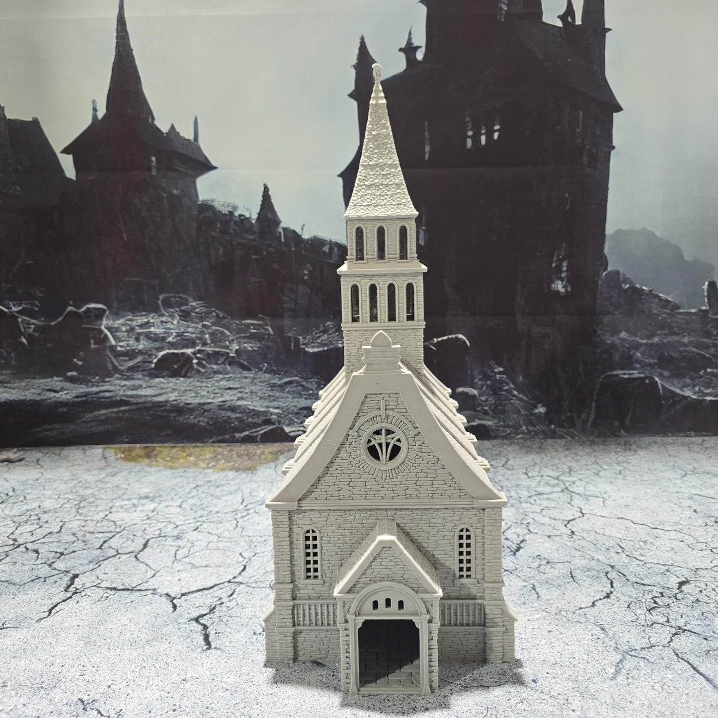 The Greendale Church of the Dale features a medieval gothic design with two angel statues and sets of pews, ideal for historical tabletop settings.